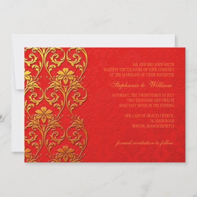 Red and Gold Swirl Wedding Invitation (Front)