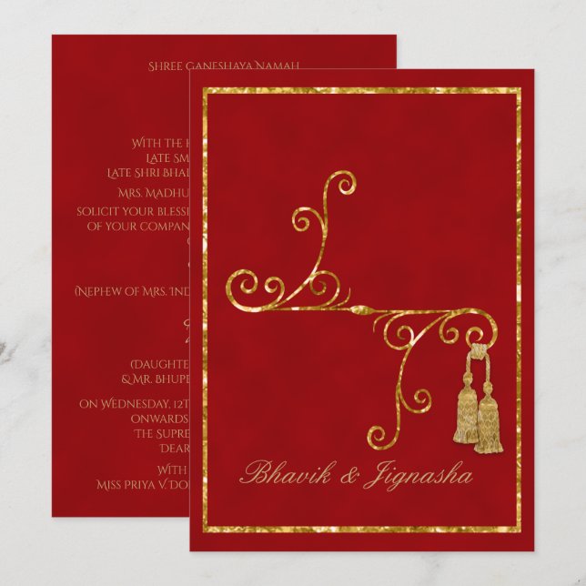 Red and Gold Tassel Indian Wedding Invitation (Front/Back)