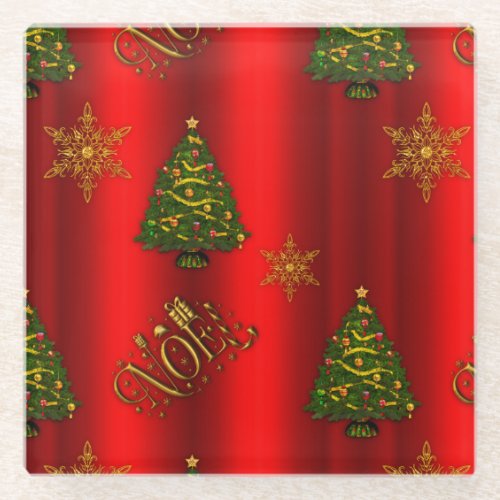 Red and Gold Traditional Christmas Glass Coaster