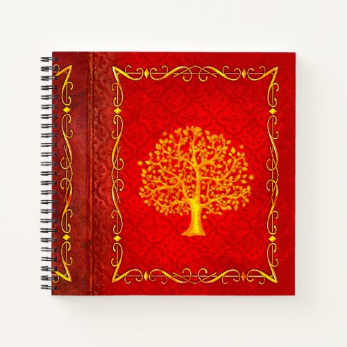 Red and Gold Tree Faux Leather Ancient Tome Notebook