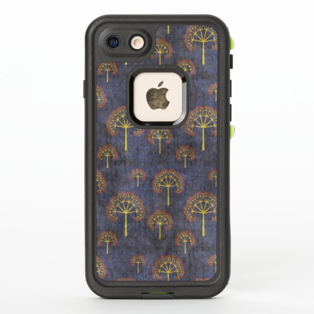 Red and Gold Tree Pattern on Blotchy Blue LifeProof iPhone Case (Back)