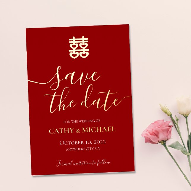Red and gold vintage Chinese wedding save the date Foil Invitation (Creator Uploaded)