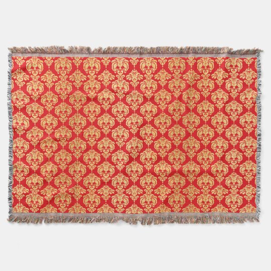 Red and Gold Vintage Damask Pattern Throw Blanket