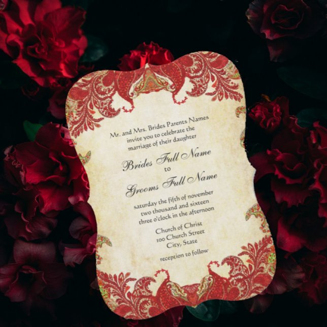Red and Gold Vintage Paisley Wedding Invitation (Creator Uploaded)