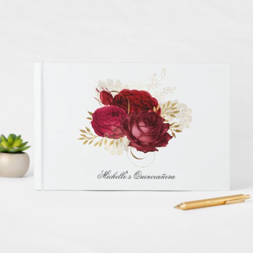 Red and Gold Vintage Rose Quinceaera Guest Book