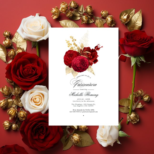 Red and Gold Vintage Rose Quinceañera Invitation (Red and Gold Quinceañera)