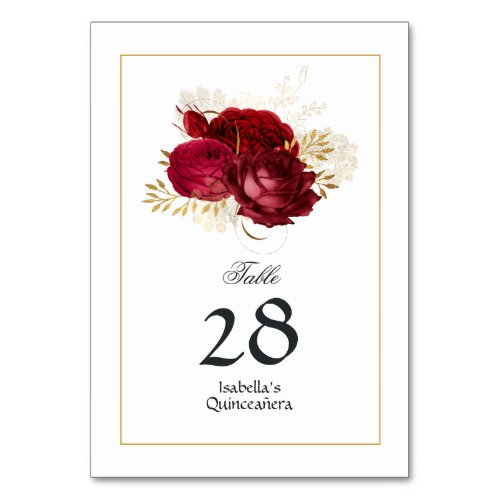 Red and Gold Vintage Rose Quinceaera Table Number