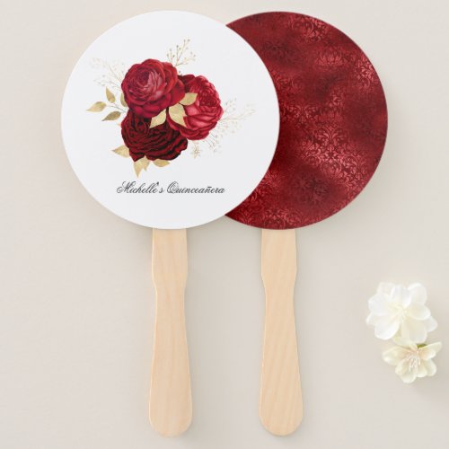 Red and Gold Vintage Roses Hand Fan