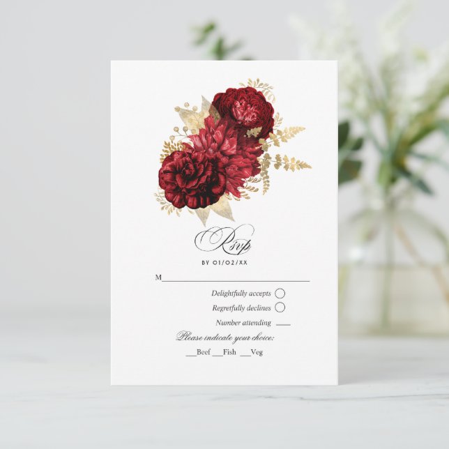 Red and Gold Vintage Roses RSVP Card (Standing Front)