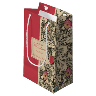 Red and Gold Vintage Xmas Ornaments, Pine, Berries Small Gift Bag