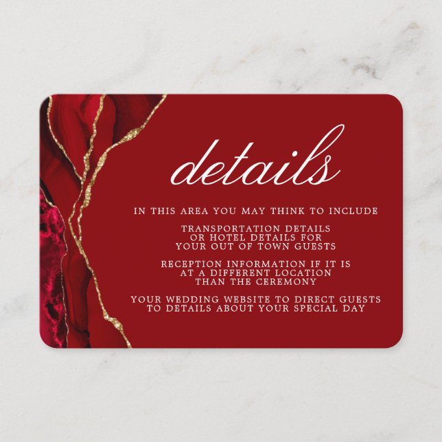 Red and Gold Wedding Agate Details Enclosure Card (Front)