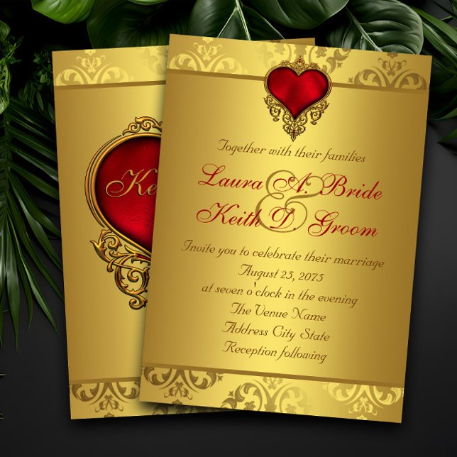Red and Gold Wedding Invitation (Beautiful red and gold wedding invitation with ornate red and gold heart. Simply add your details.)