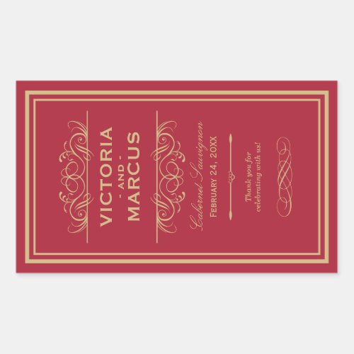 Red and Gold Wedding Wine Bottle Monogram Favor Rectangular Sticker