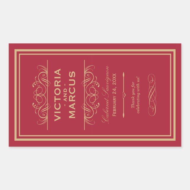 Red and Gold Wedding Wine Bottle Monogram Favor Rectangular Sticker (Front)