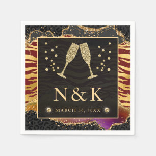 Red and Gold Wild Jungle Glitter Agate Wedding Napkins