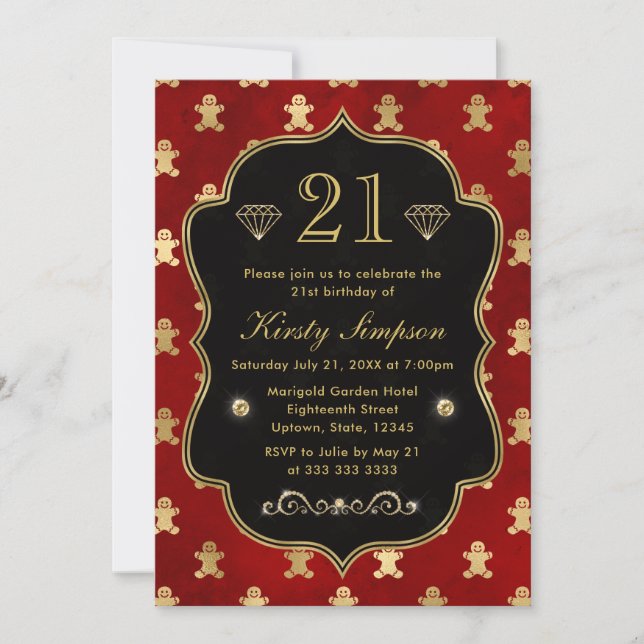 Red and Gold Winter Gingerbread Men Birthday Invitation (Front)
