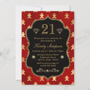 Red and Gold Winter Gingerbread Men Birthday Invitation