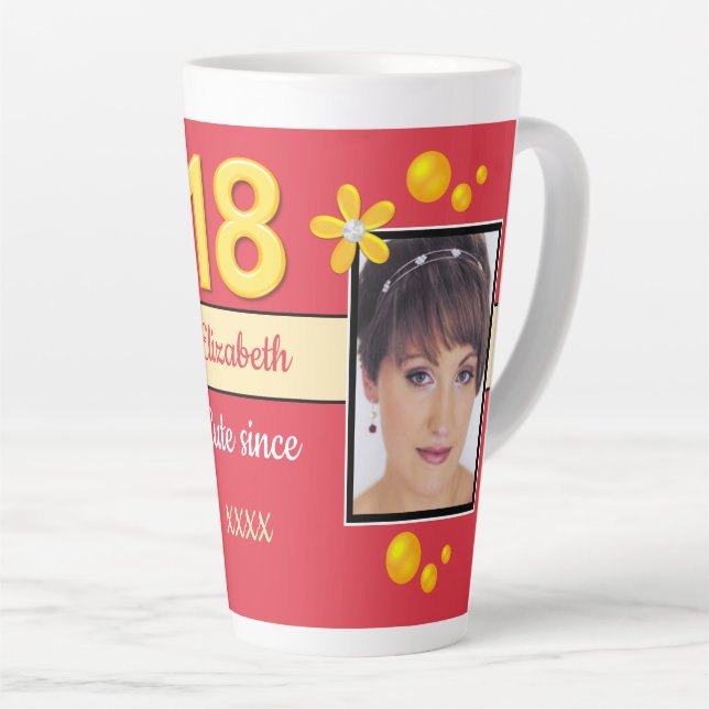 Red and gold with name 18th birthday photo latte mug (Right Angle)