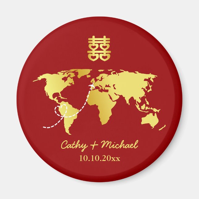 Red and gold world map destination chinese wedding magnet (Front)
