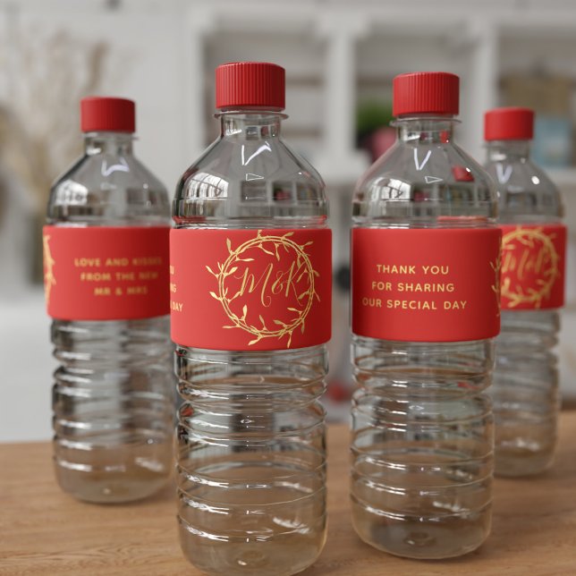 Red and Gold Wreath Wedding Water Bottle Labels (Creator Uploaded)