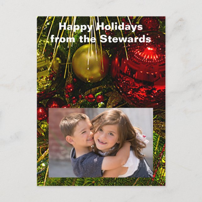 Red and Gold Xmas Ornaments on Tree Photo PCard Holiday Postcard (Front)