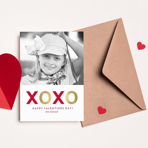 Red and Gold XOXO Kids Classroom Photo Valentines Note Card
