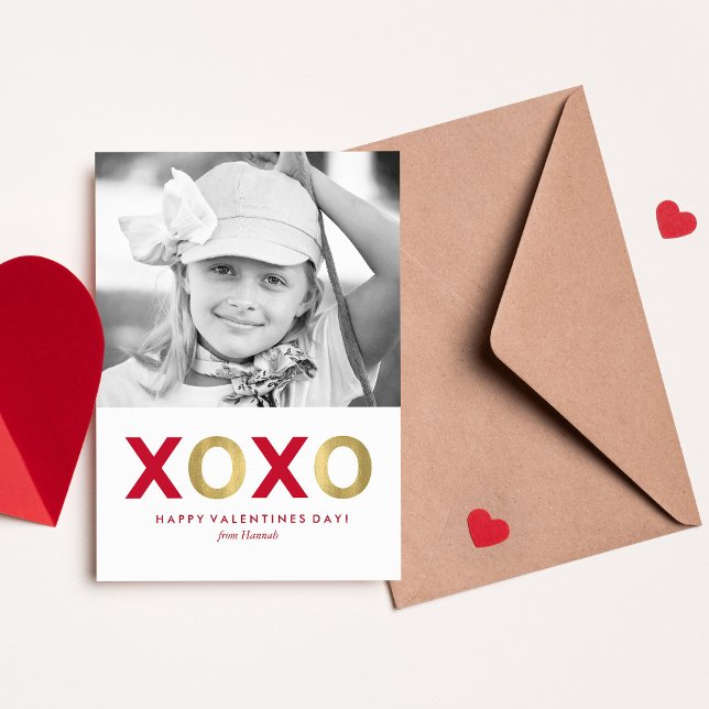 Red and Gold XOXO Kids Classroom Photo Valentines Note Card (Creator Uploaded)