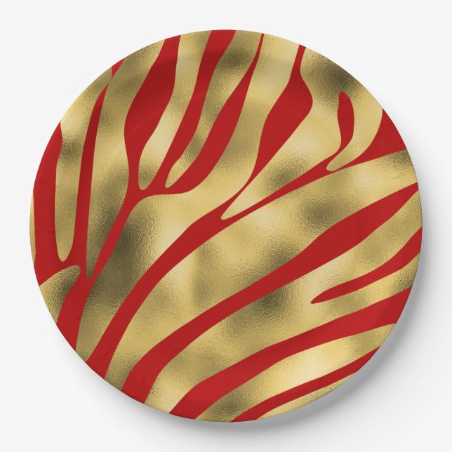 Red and Gold Zebra Festive Paper Plates (Front)