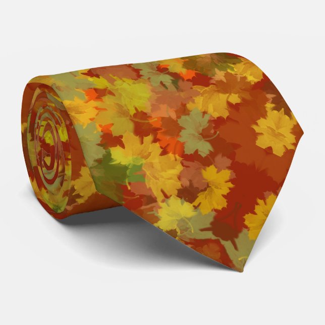 Red And Golden Autumn Leaves Neck Tie (Rolled)