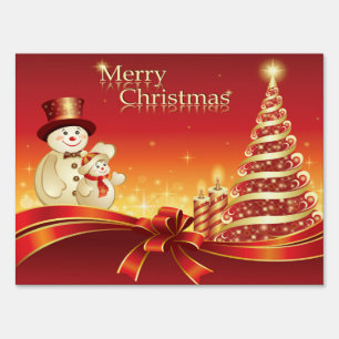 Red and Golden Christmas Greeting with Snowman Sign