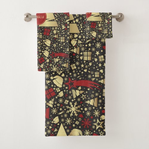Red and Golden Christmas Tree Snowflakes and Stars Bath Towel Set