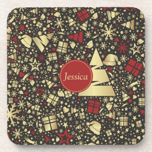 Red and Golden Christmas Tree Snowflakes and Stars Beverage Coaster