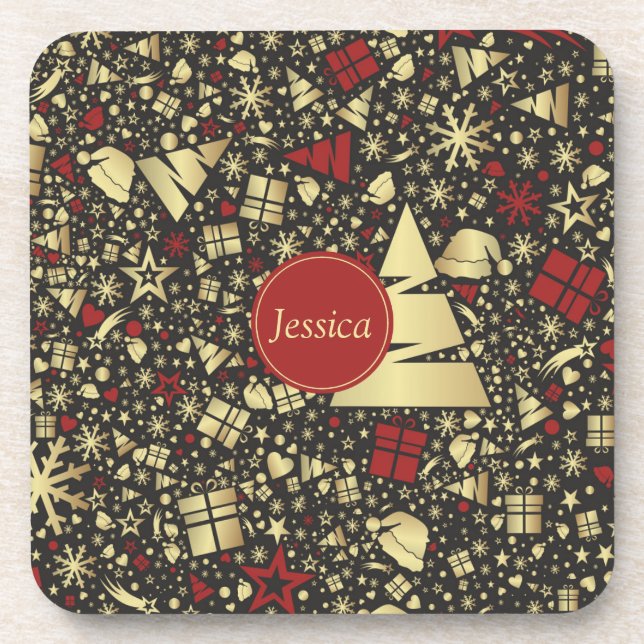 Red and Golden Christmas Tree Snowflakes and Stars Beverage Coaster (Front)