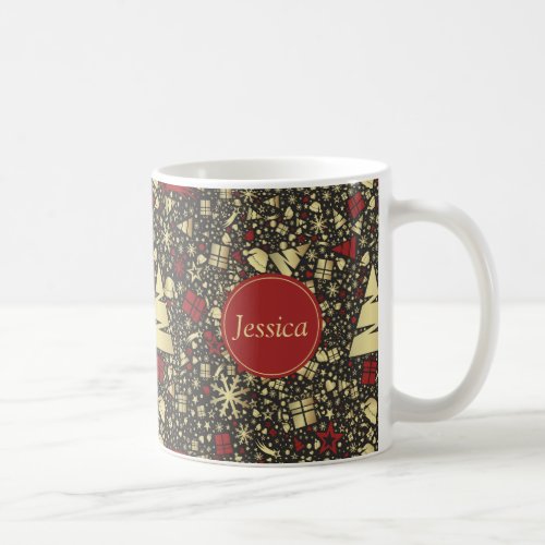 Red and Golden Christmas Tree Snowflakes and Stars Coffee Mug