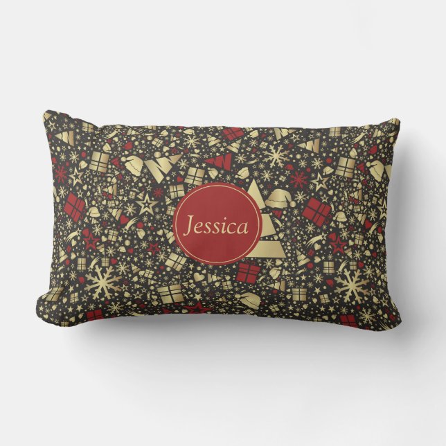 Red and Golden Christmas Tree Snowflakes and Stars Lumbar Pillow (Front)