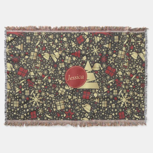 Red and Golden Christmas Tree Snowflakes and Stars Throw Blanket