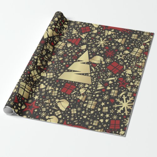 Red and Golden Christmas Tree Snowflakes and Stars Wrapping Paper