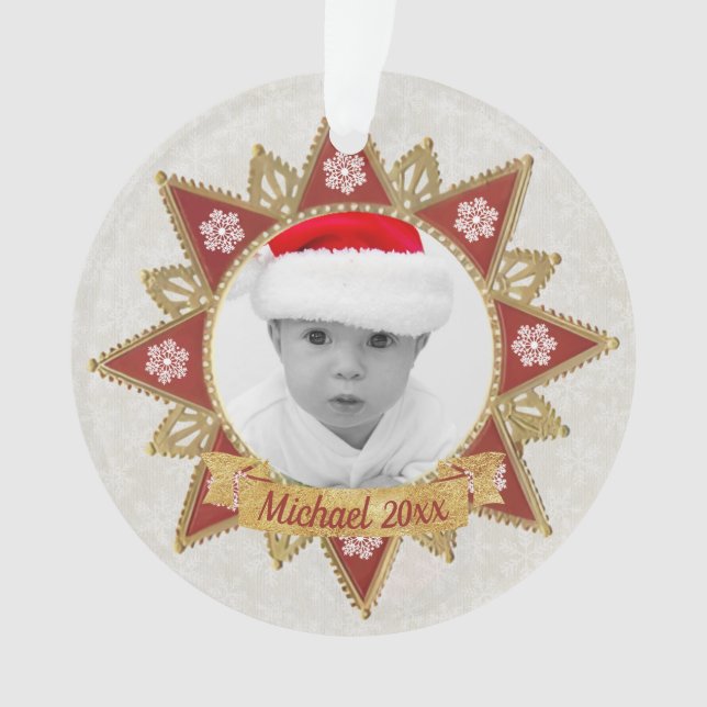 Red And Golden Luxury Circle Shape Frame Snowflake Ornament (Front)