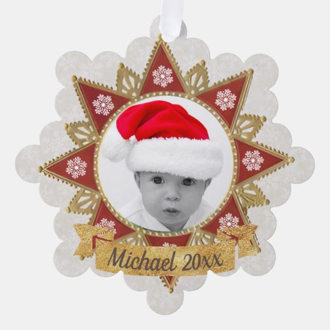 Red And Golden Luxury Circle Shape Frame Snowflake Ornament Card (Front)