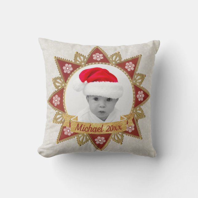 Red And Golden Luxury Circle Shape Frame Snowflake Throw Pillow (Front)