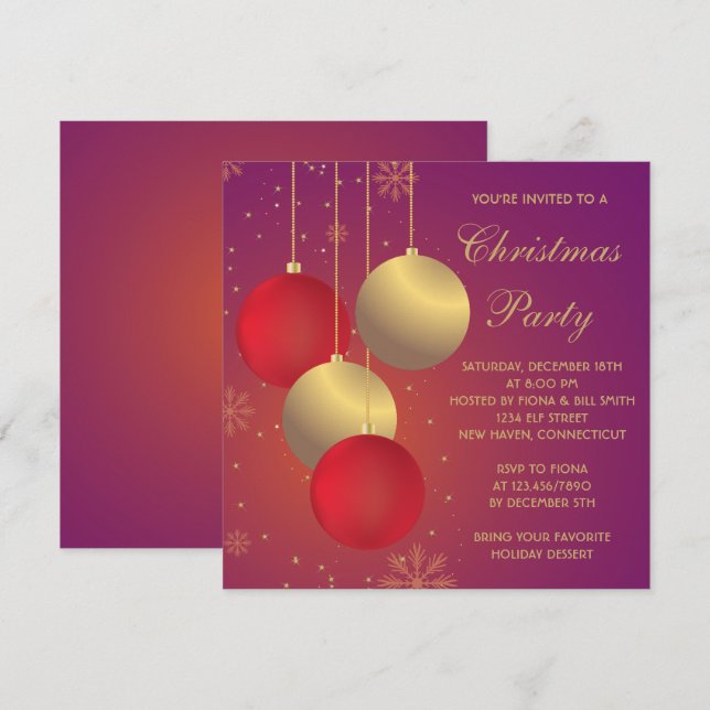 Red and Golden Ornaments Christmas/Holiday Party Invitation (Front/Back)