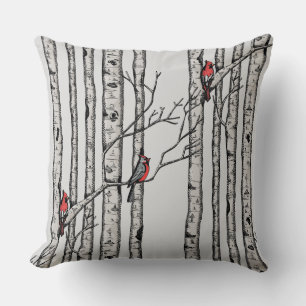 Red and Gray Birch Trees and Red Cardinal Birds Throw Pillow