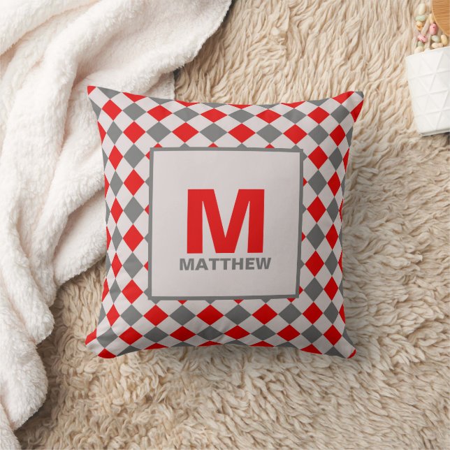 Red and Gray Boys Diamond Pattern Monogrammed Throw Pillow (Blanket)