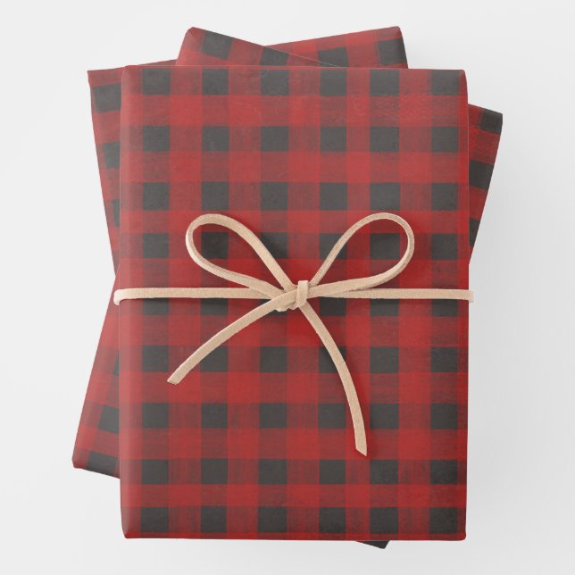 Red and Gray Buffalo Plaid Wrapping Paper Sheets (In situ)