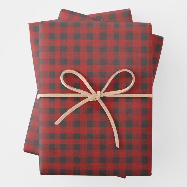Red and Gray Buffalo Plaid Wrapping Paper Sheets (In situ)