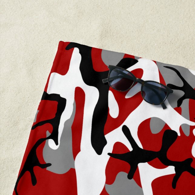 Red and Gray Camouflage, Military, Army Beach Towel (In Situ)