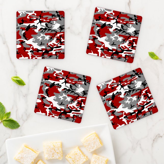 Red and Gray Camouflage, Military, Army Coaster Set (In Situ)