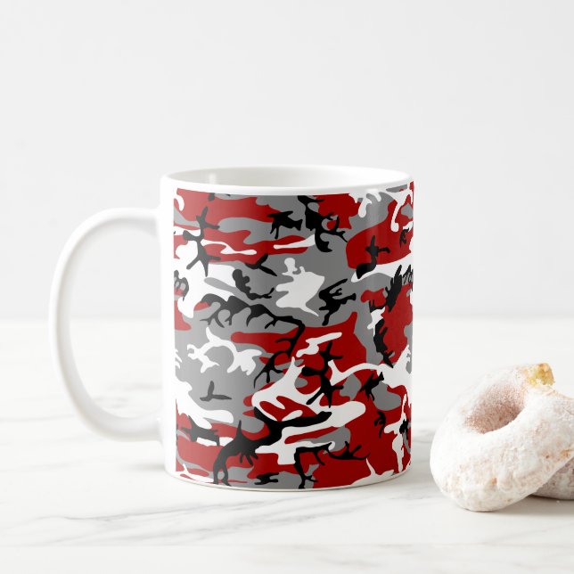 Red and Gray Camouflage, Military, Army Coffee Mug (With Donut)