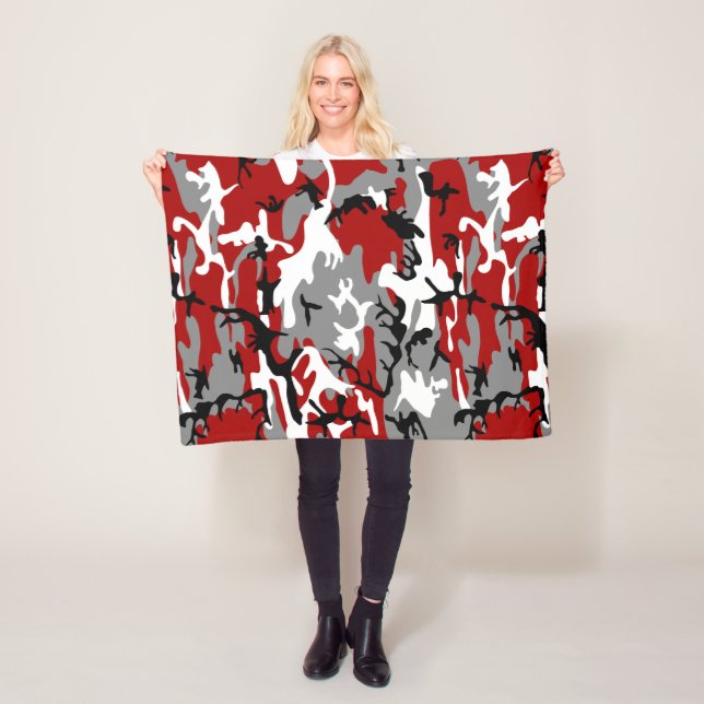 Red and Gray Camouflage, Military, Army Fleece Blanket (In Situ)