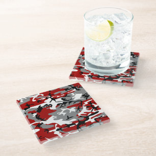 Red and Gray Camouflage, Military, Army Glass Coaster